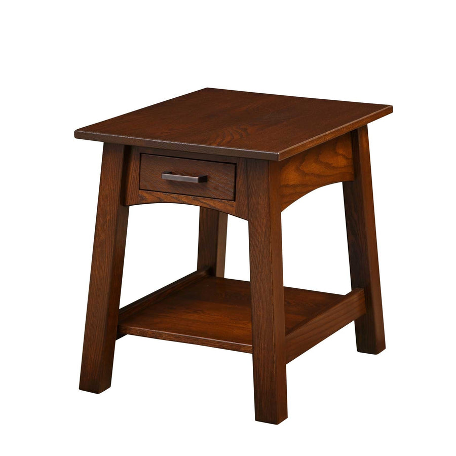 Quartersawn oak Santa Fe end table in a dark finish with one drawer, bar pull, arched apron and lower shelf