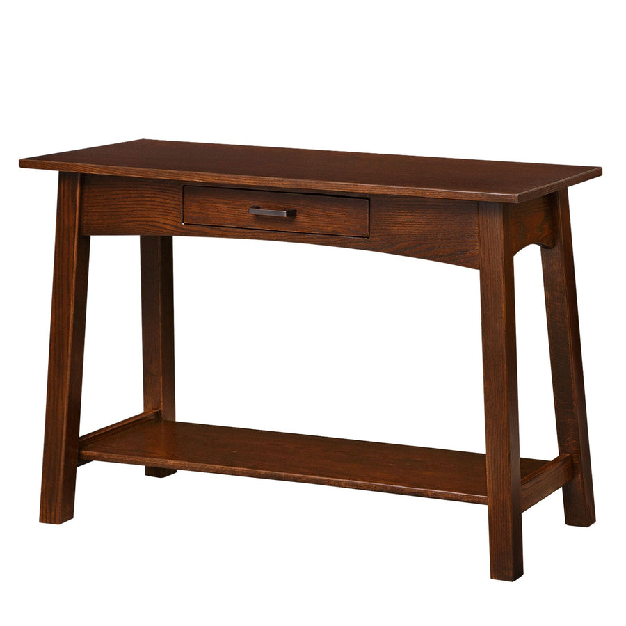 Santa Fe style console table in dark brown oak with one drawer, splayed legs and a bottom shelf