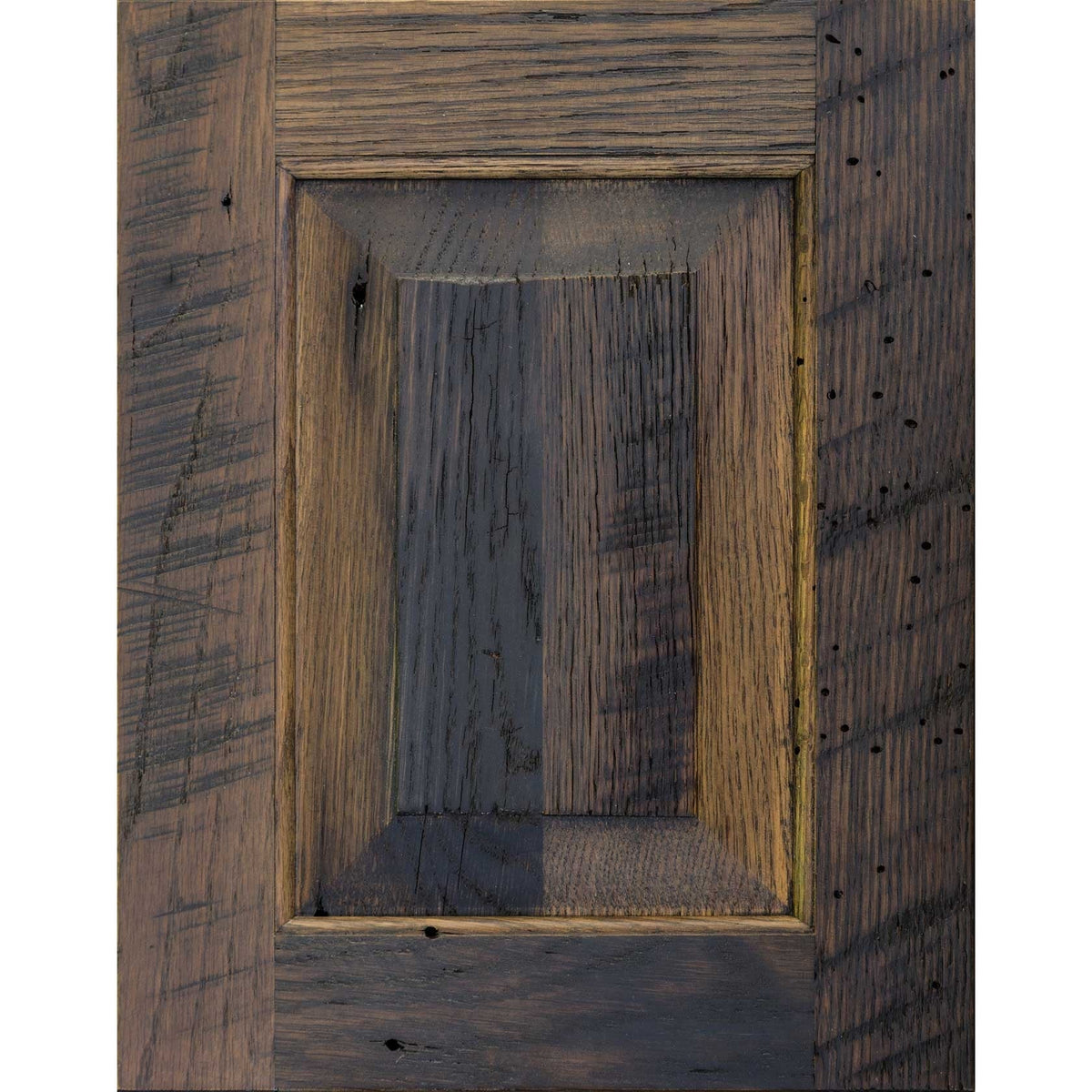 Smokey Gray with black glaze barnwood door sample in weathered gray brown with nail holes and cracks