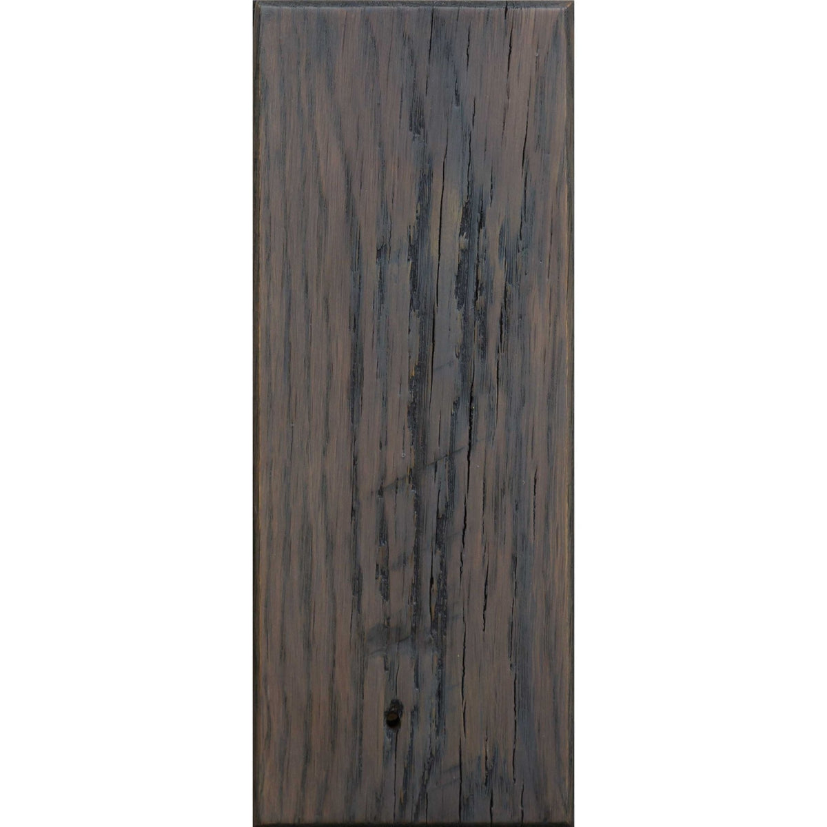 Smokey Gray black glaze plank sample, a gray brown weathered board with cracked open grain