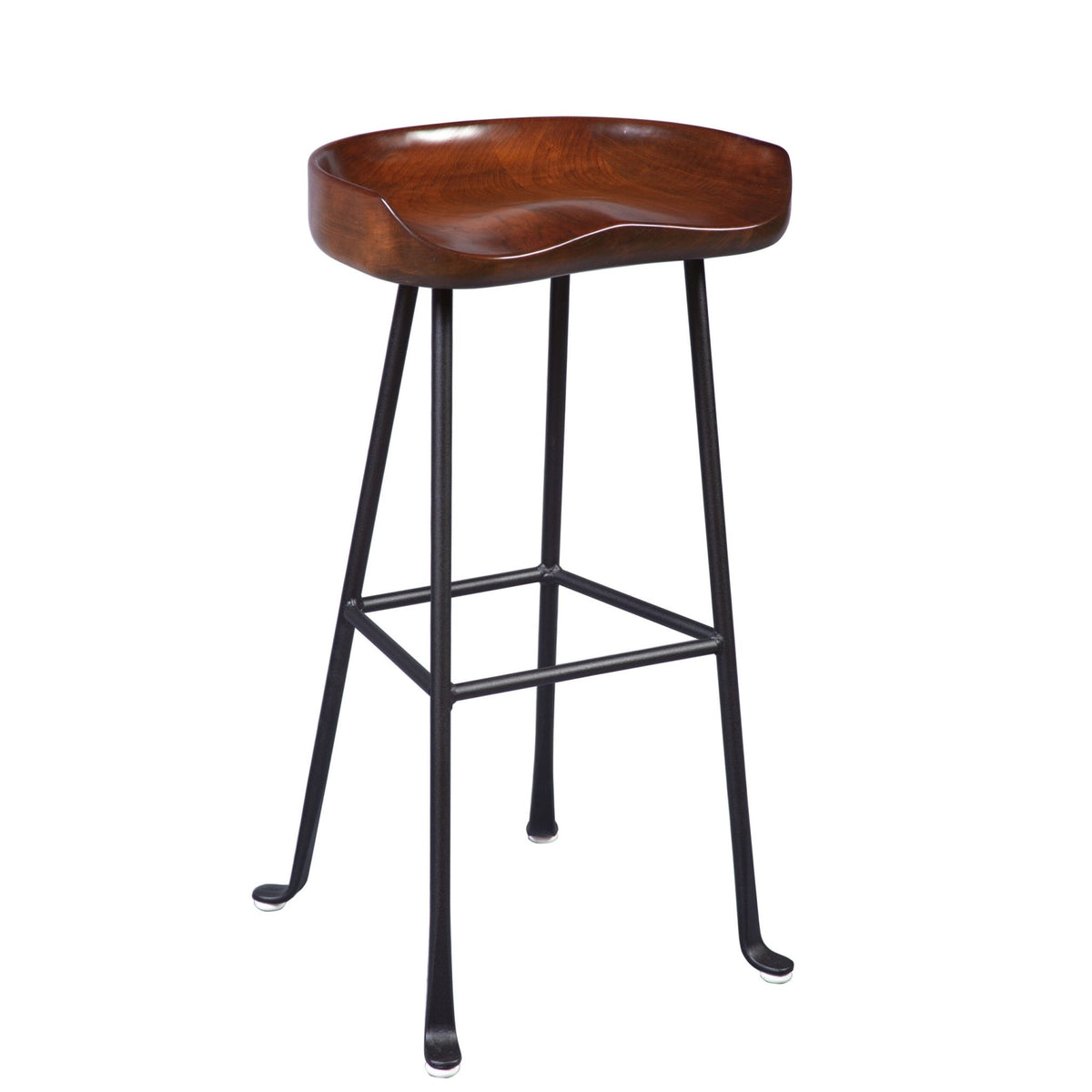 Bar height tractor seat stool with a saddle shaped wood seat, black metal legs and square foot rail, white background