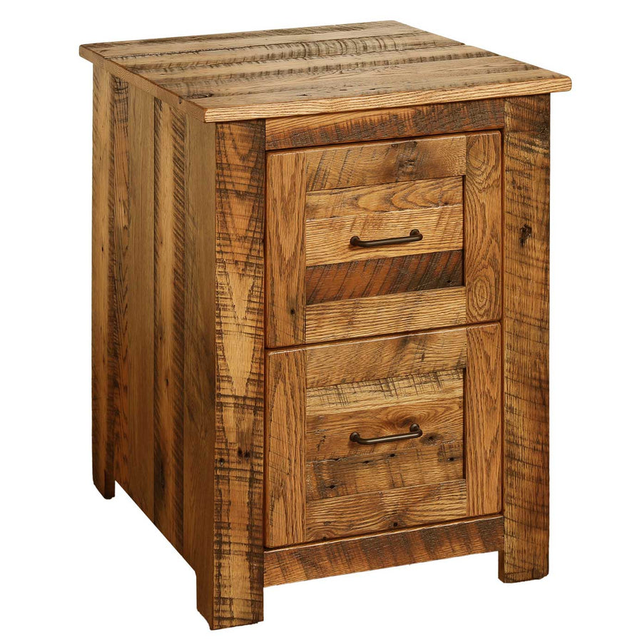 Two-drawer vertical file cabinet in reclaimed barnwood with saw-textured oak boards and black bar pulls on a white background