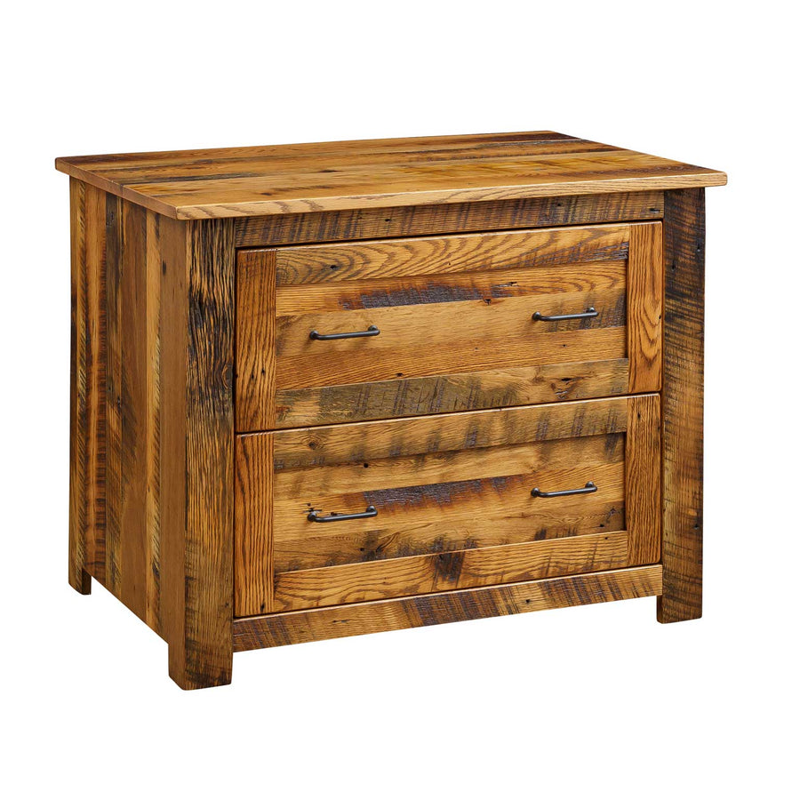 Wide reclaimed oak lateral file cabinet with two drawers, twin black bar pulls each and thick plank top on a white background