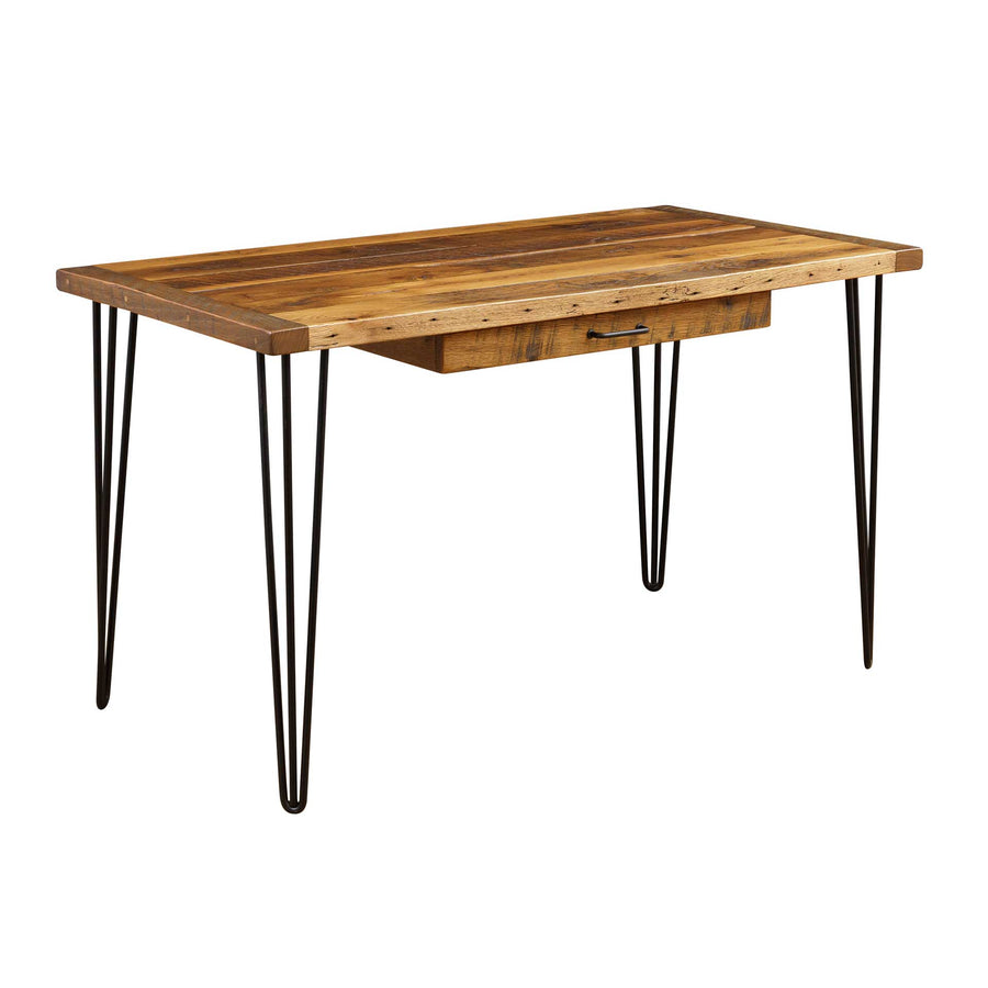 Rustic reclaimed plank desk with a single center drawer and splayed black hairpin legs on a white background
