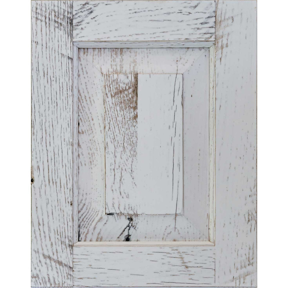 White painted oak barnwood door sample with rough sawn frame and a bright white raised center panel