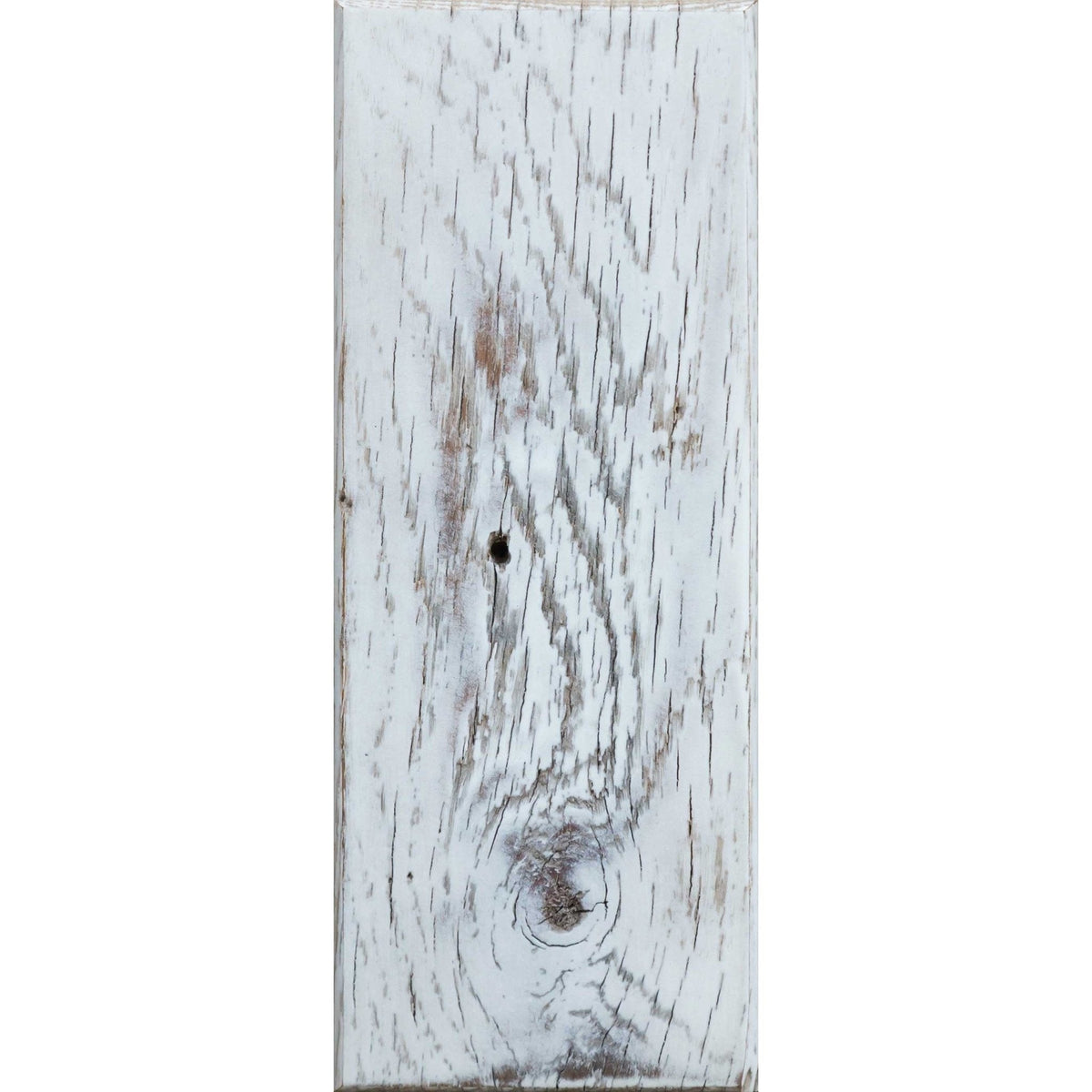 White pewter glaze plank sample, a whitewashed rustic board with a dark knot and gray grain lines