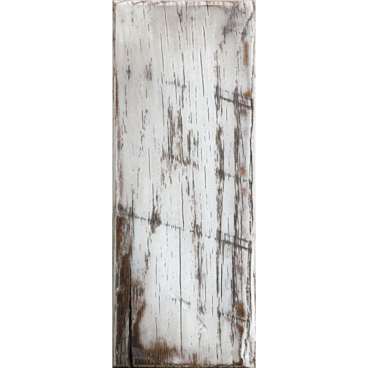 White over Van Dyke brown glaze barnwood plank in distressed white with brown wear at the edges