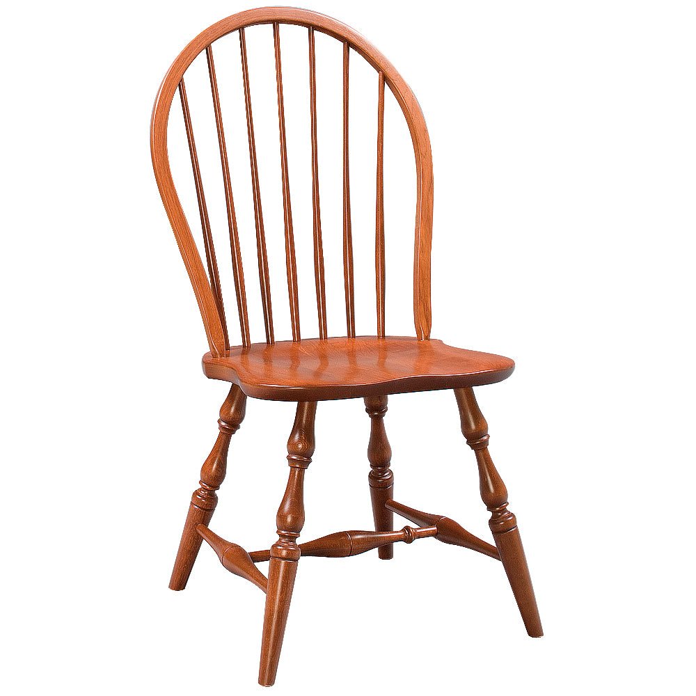 Cherry bent back Windsor side chair with a curved bow of spindles, shaped seat and turned splayed legs