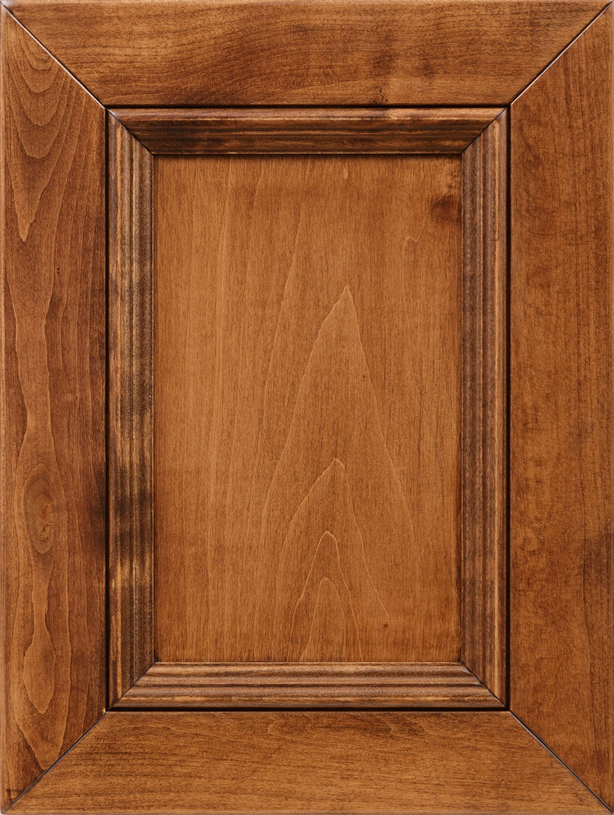 Woodberry stain on maple sample, a warm golden brown raised panel door with darker glazed molding and cathedral grain