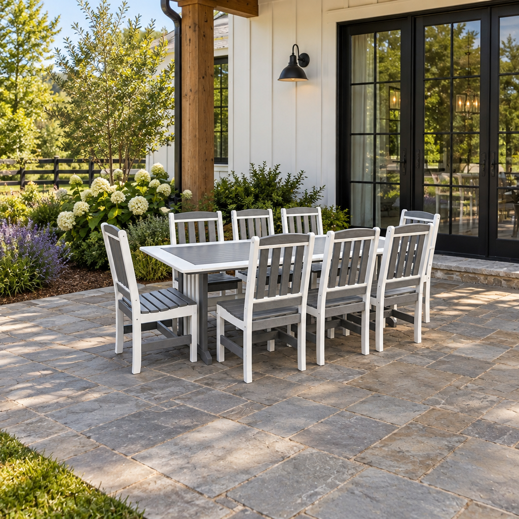 Amish Poly 96" English Garden Patio Dining Table & 8 Chair Set - Quick Ship shown in the back patio of a modern farmhouse home