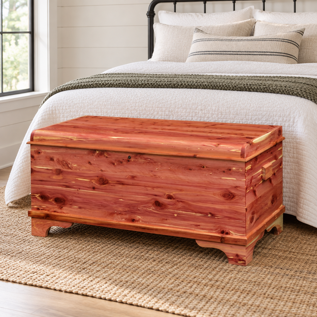 Amish Waterfall Solid Wood Cedar Hope Chest shown in the bedroom of a modern farmhouse home