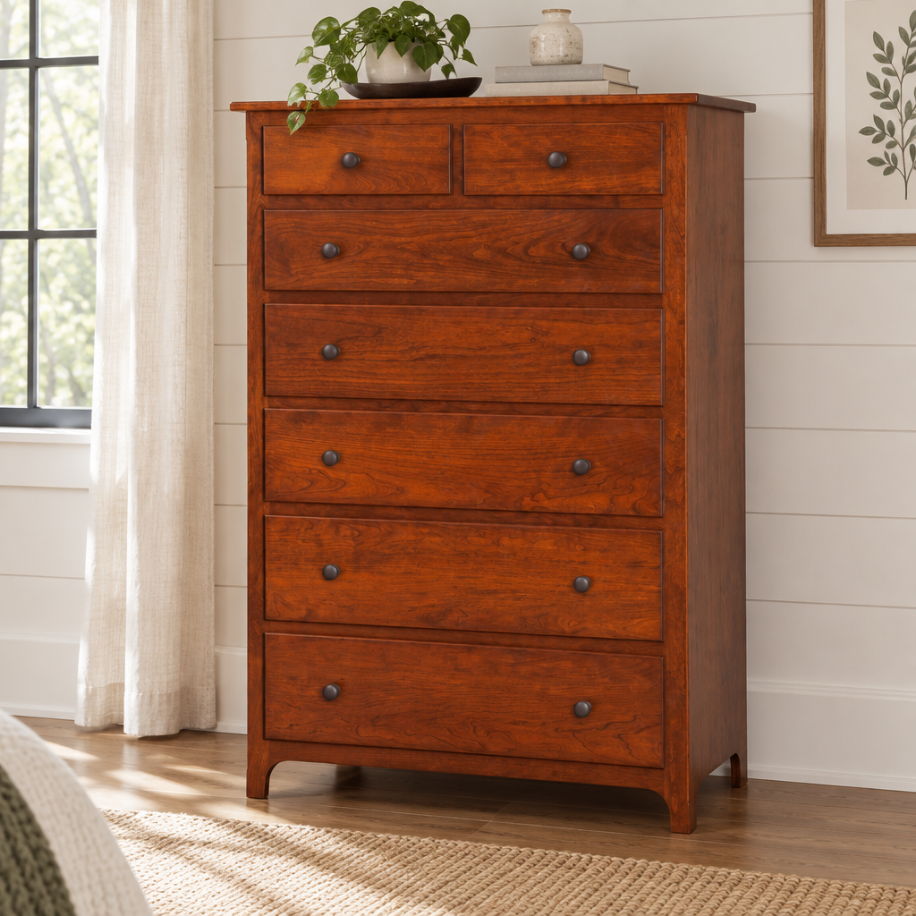 Plymouth Amish Solid Wood Large Chest of Drawers shown in the bedroom of a modern farmhouse home