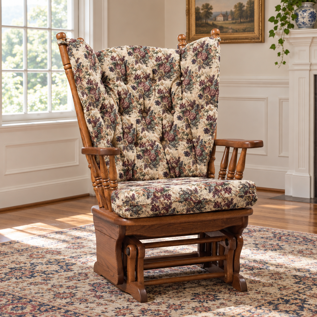 Amish Replacement Cushion Set for High Back or Wingback Glider Rocker shown in the living room of a traditional colonial home