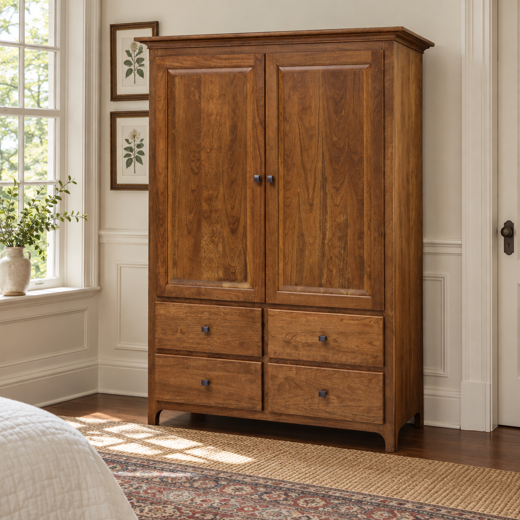 Plymouth Amish Solid Wood 2 Door Wardrobe shown in the bedroom of a traditional colonial home