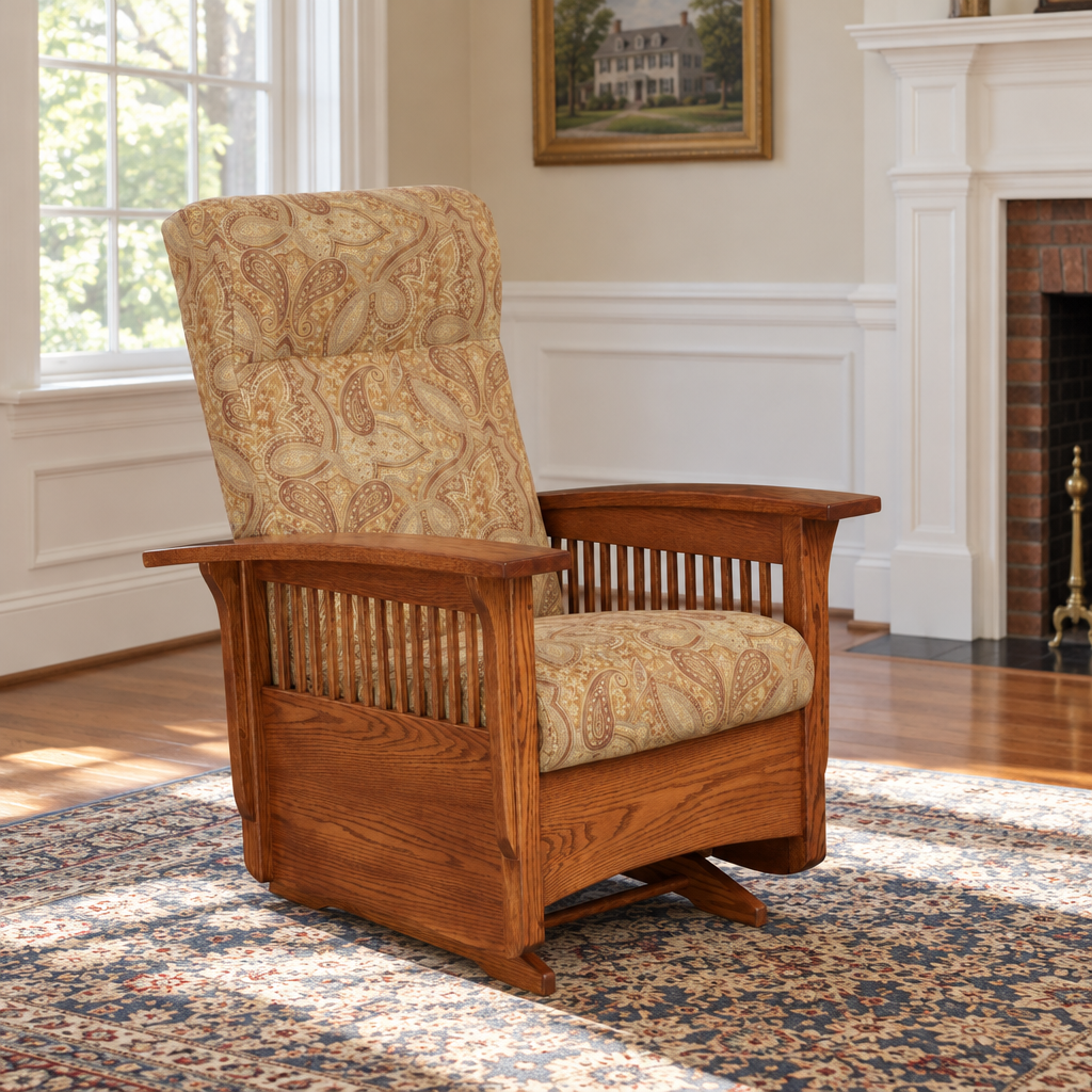 Amish Mission Cushion Glider Chair shown in the living room of a traditional colonial home
