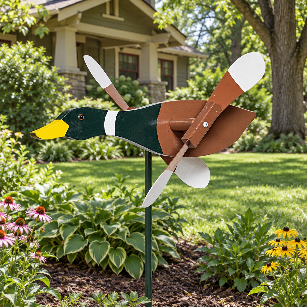 Amish Garden Wood Mallard Whirlybird Wind Spinner shown in the backyard garden bed of a craftsman bungalow home
