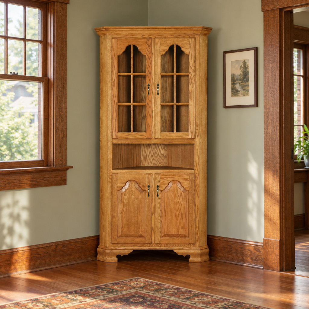 Amish Lancaster 32" Dining China Corner Hutch shown in the dining room of a craftsman bungalow home