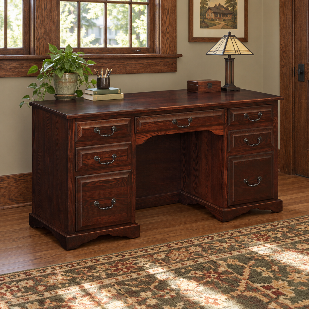 Amish Raised Panel 62" Flattop Desk shown in the home office of a craftsman bungalow home