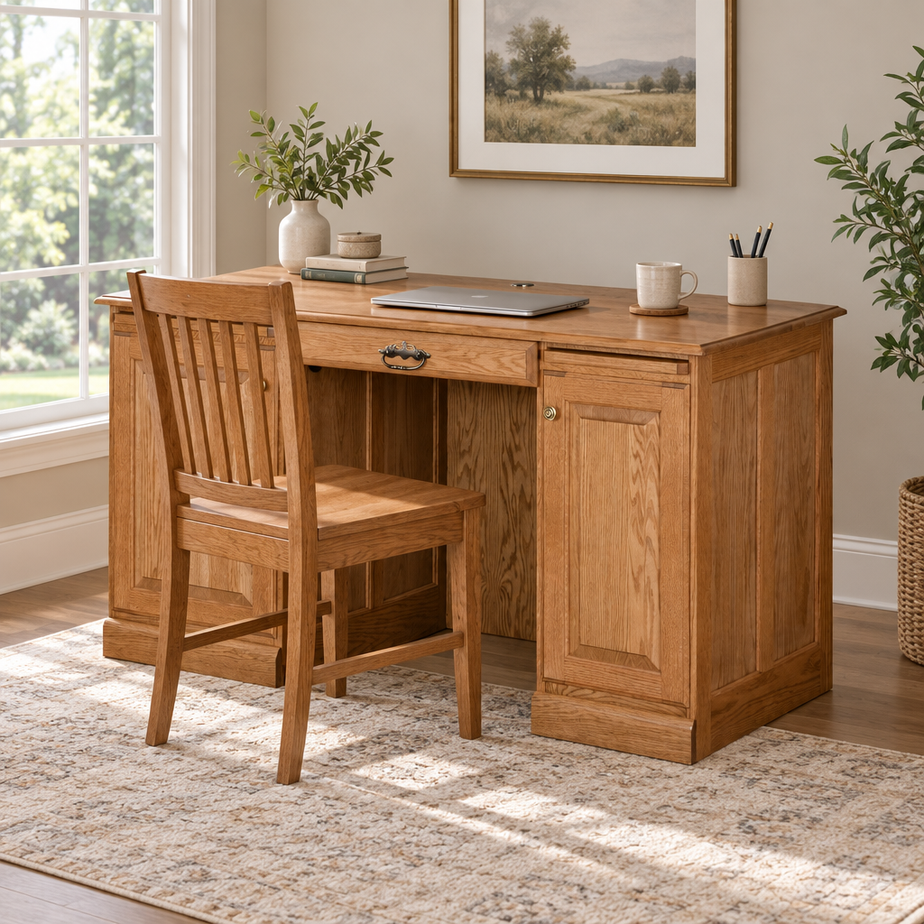 Amish Traditional 55" Flat Top Computer Desk shown in the home office of a transitional home