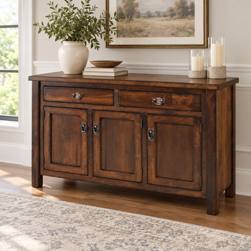 Amish Rustic Ancient Mission Butcher Block Top 3-Door Dining Buffet shown in the dining room of a transitional home