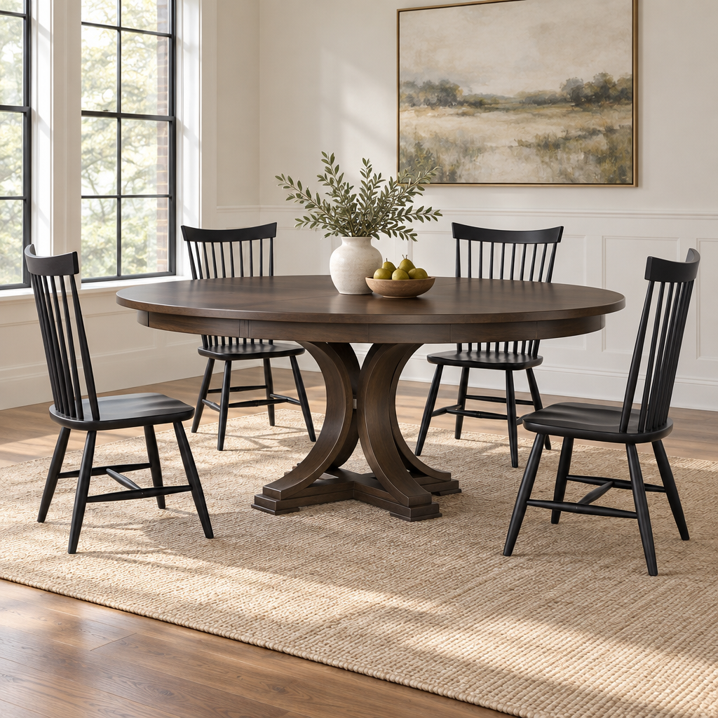 Amish Stockbridge Single Pedestal Dining Table shown in the dining room of a transitional home
