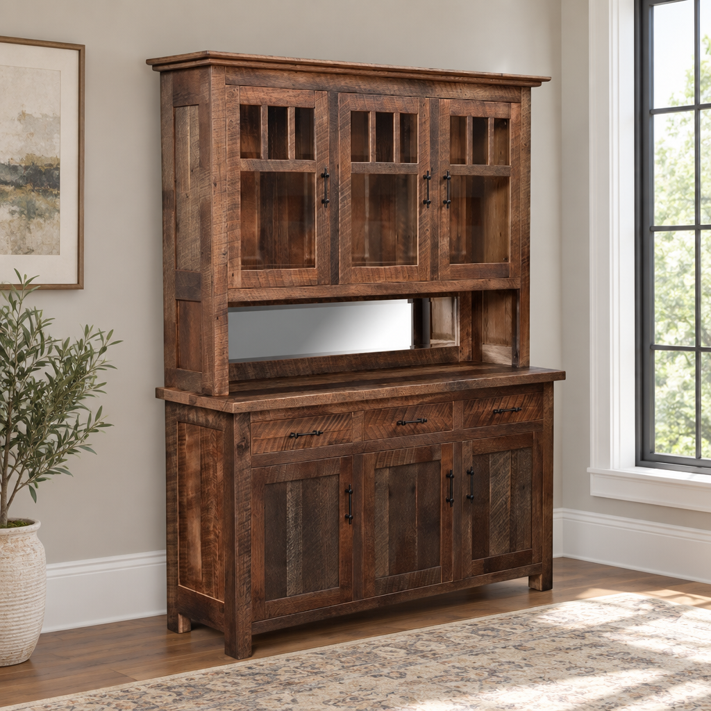 Amish Redland Reclaimed Wood Hutch shown in the dining room of a transitional home