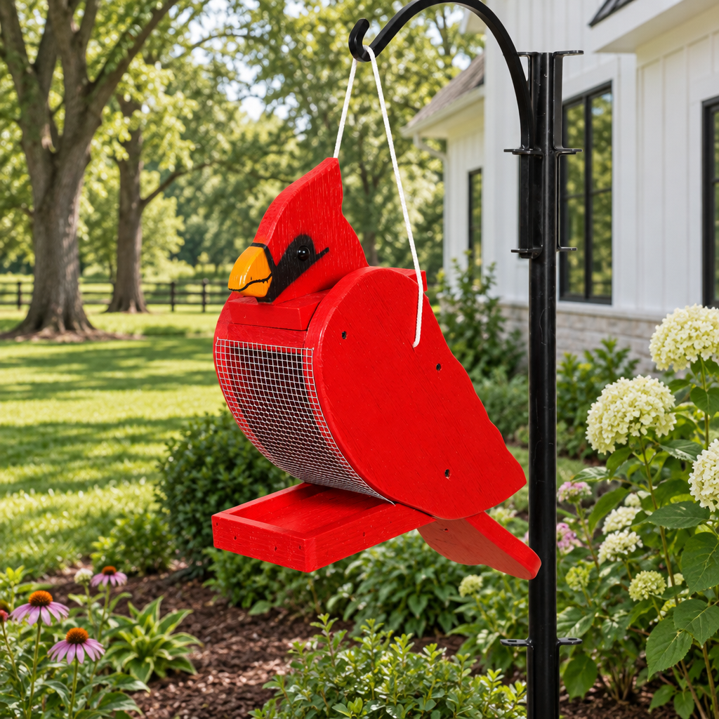 Amish Cardinal Bird Shaped wood feeder shown in the backyard garden bed of a modern farmhouse home