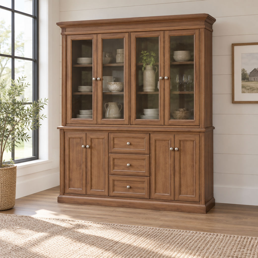Amish Solid Wood Maple Bluff Hutch shown in the dining room of a modern farmhouse home