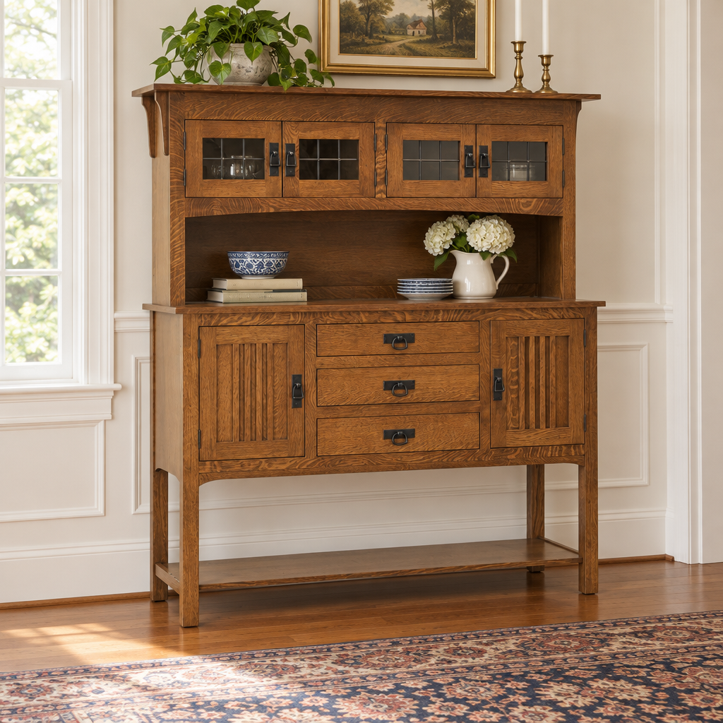 Amish Solid Wood Monrovia Sideboard with Top shown in the dining room of a traditional colonial home
