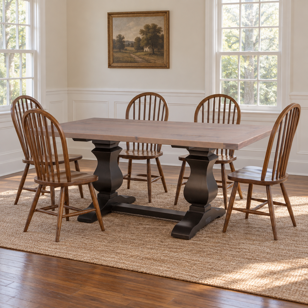 Amish Calistoga Dining Trestle Table shown in the dining room of a traditional colonial home