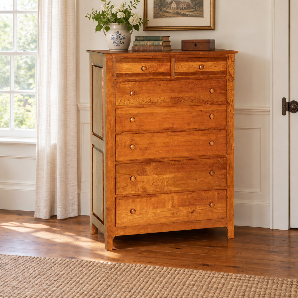 Amish Shaker Windsor Master Chest of 7 Drawers shown in the bedroom of a traditional colonial home
