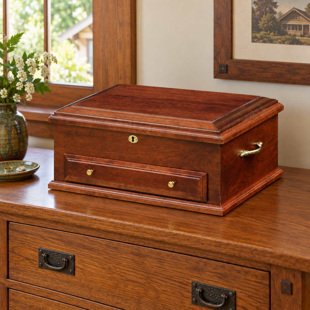 Amish Large Solid Wood Jewelry Chest with Drawer shown in the bedroom of a craftsman bungalow home