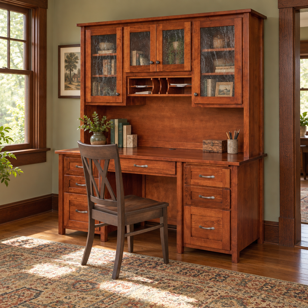 Amish Shelton Solid Wood Double Pedestal Desk shown in the home office of a craftsman bungalow home