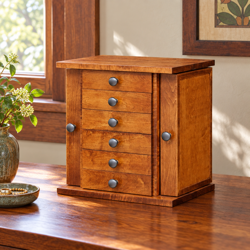 Amish Shaker Solid Wood 5-Drawer Jewelry Chest for Table Top shown in the bedroom of a craftsman bungalow home