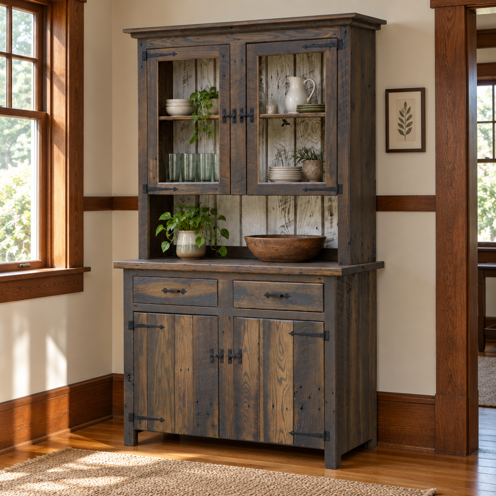 Raven 2-Door Amish Reclaimed Wood Hutch shown in the dining room of a craftsman bungalow home