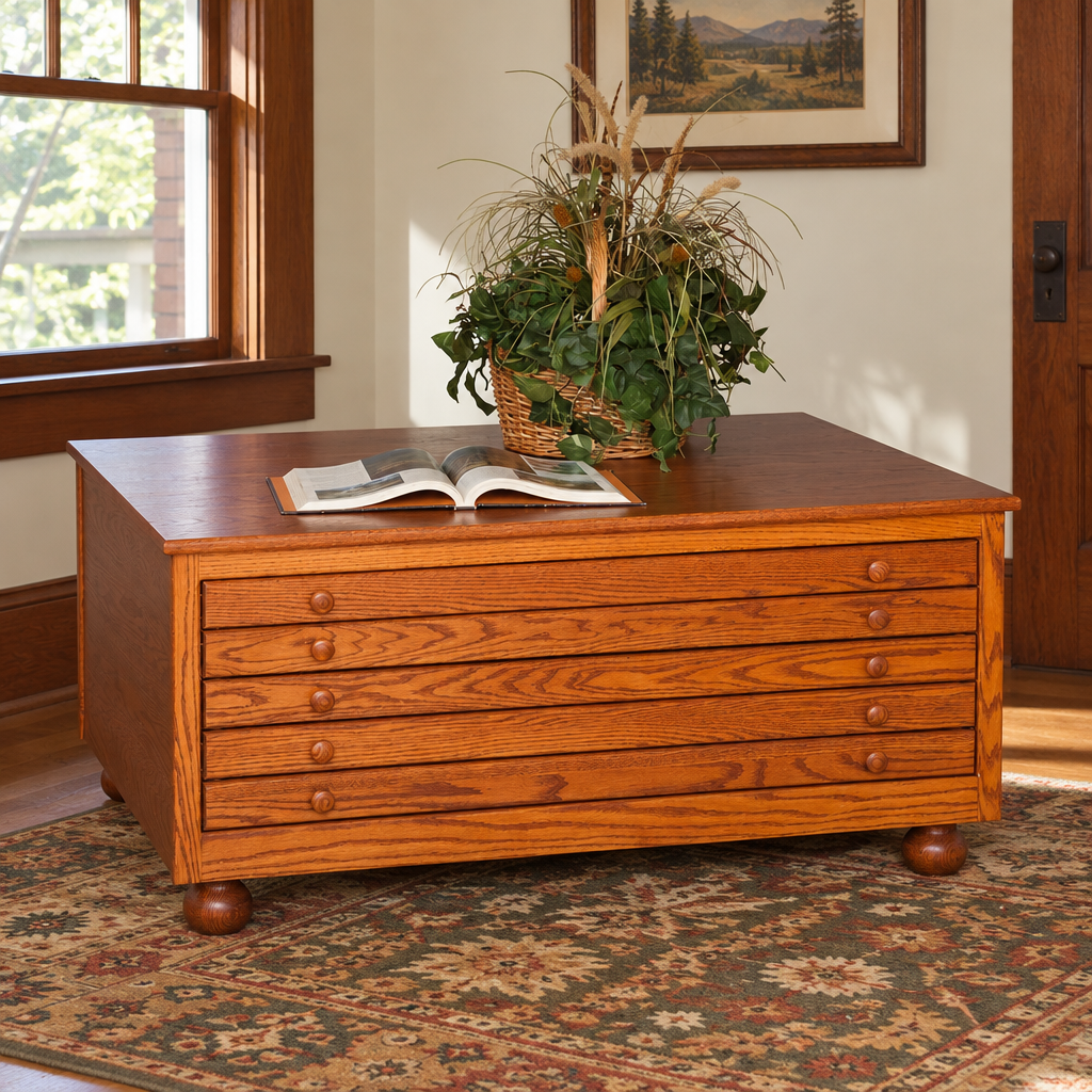 Amish 47" 5-Drawer Flat File Cabinet shown in the home office of a craftsman bungalow home