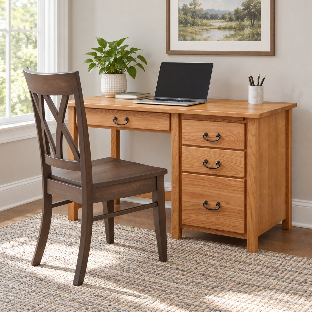 Amish Eshton Single Pedestal Desk shown in the home office of a transitional home