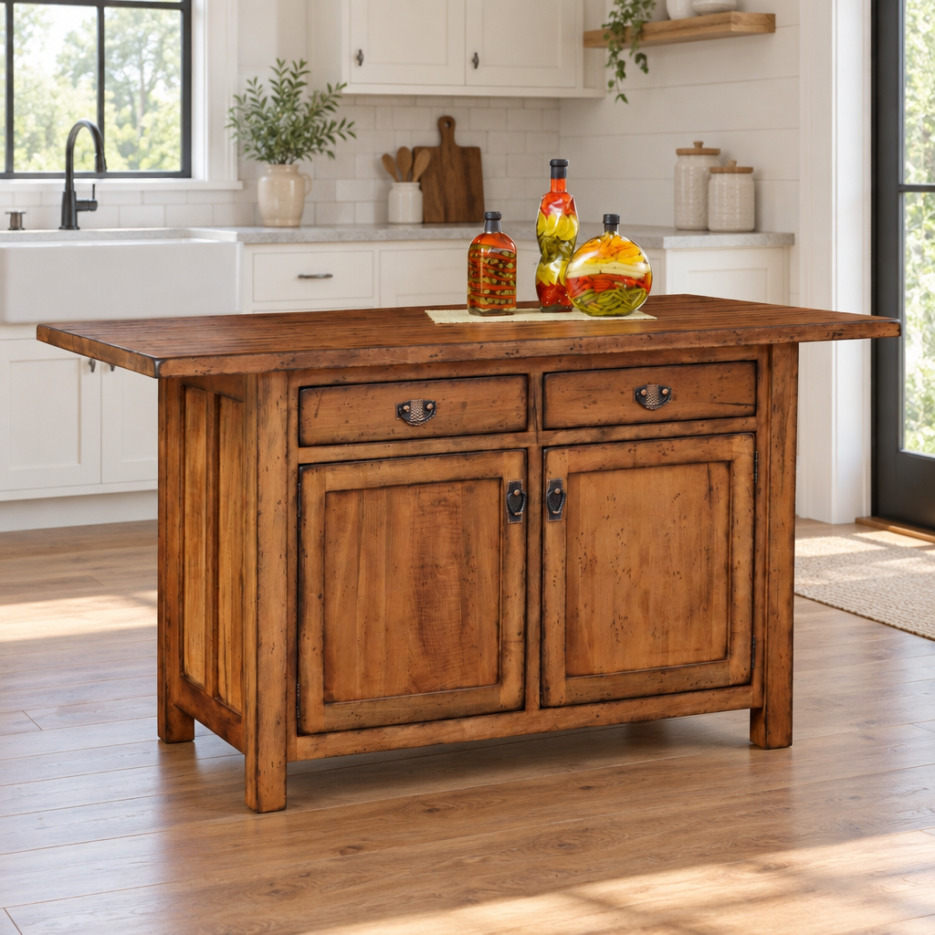 Amish Ancient Mission 2 Drawer Rustic Kitchen Island shown in the kitchen of a modern farmhouse home
