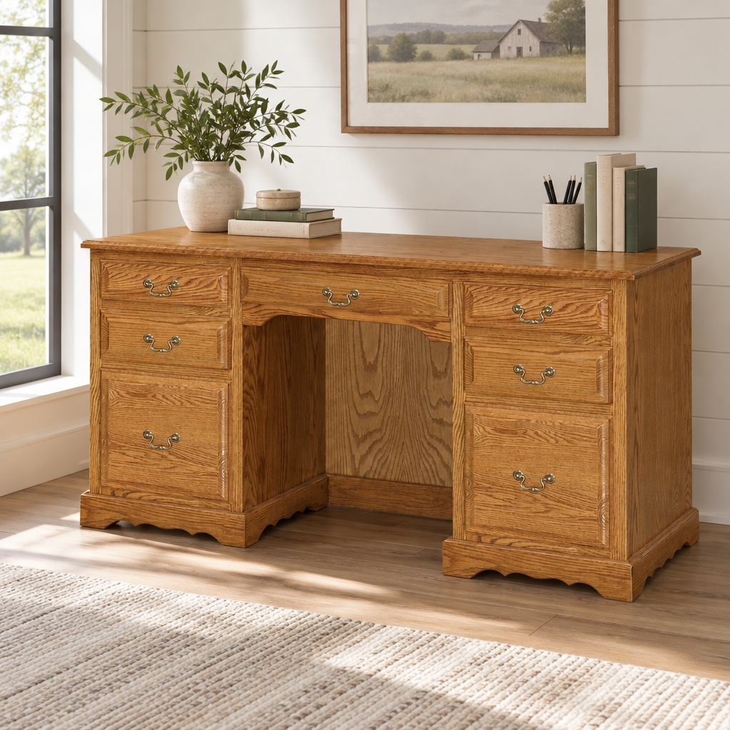 Amish Eden 62" Solid Wood Writing Desk shown in the home office of a modern farmhouse home