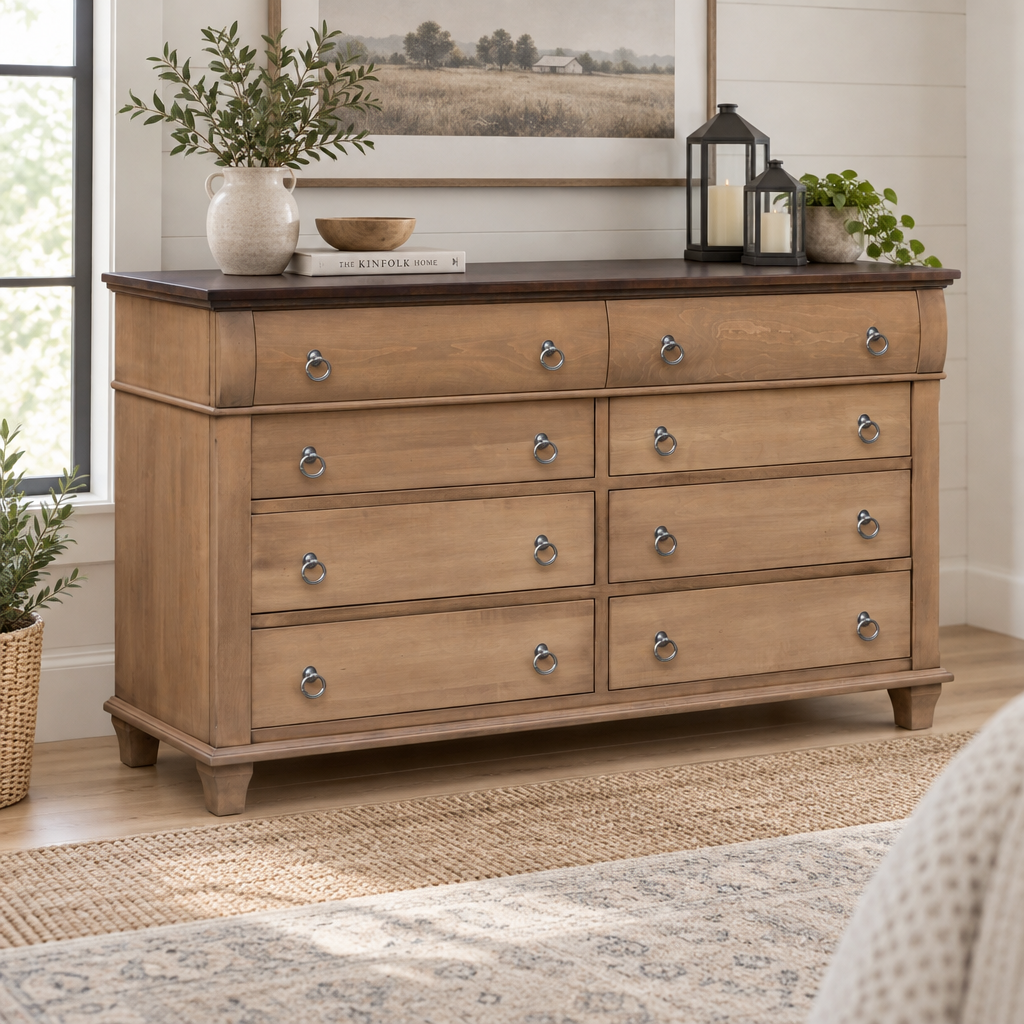Amish Avignon Low Triple Dresser shown in the bedroom of a modern farmhouse home