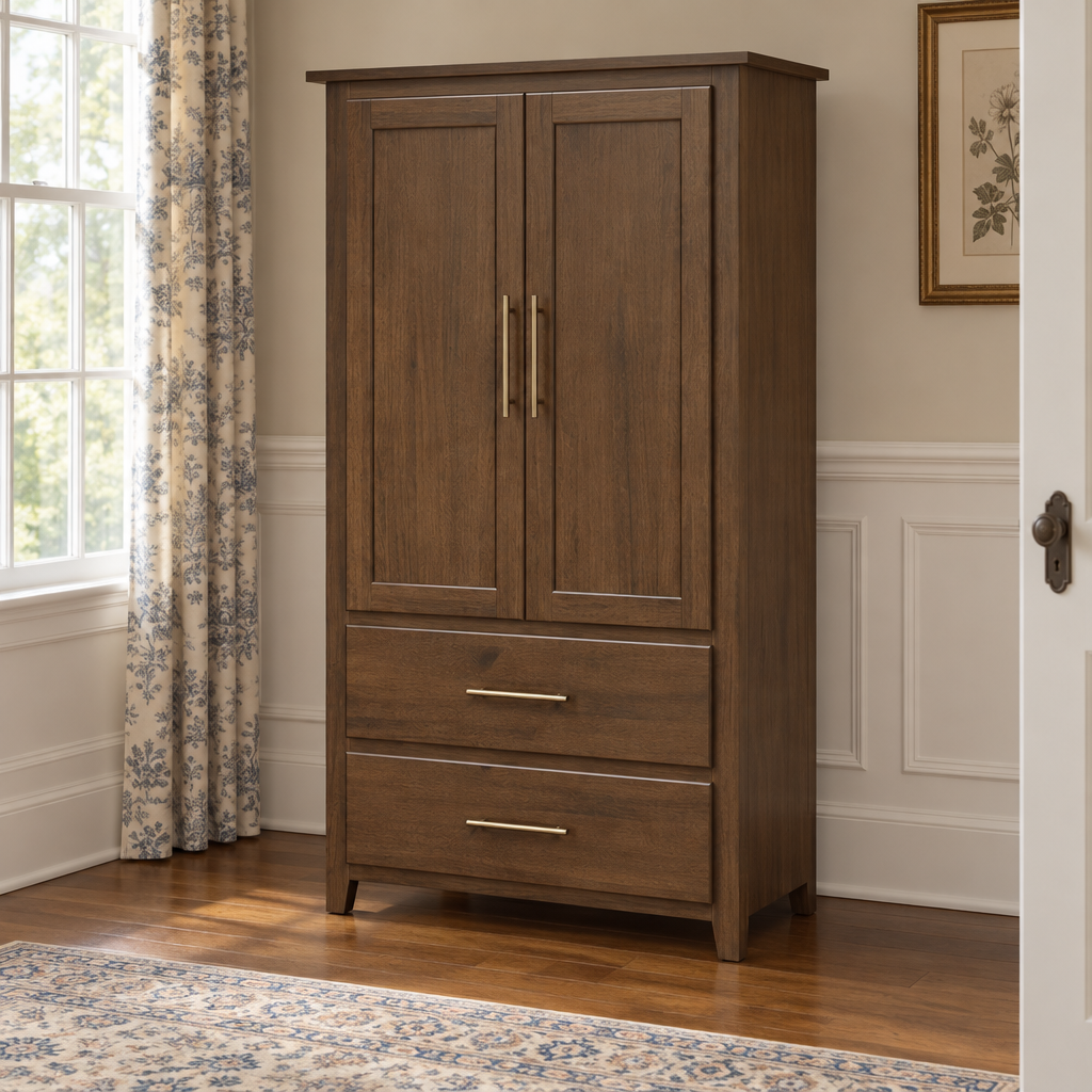 Amish Bel Air Solid Wood Armoire shown in the bedroom of a traditional colonial home