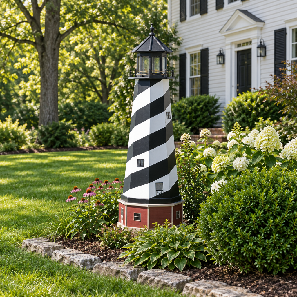 Amish 6' Wood Outdoor Decorative Lighthouse with base shown in the backyard garden bed of a traditional colonial home