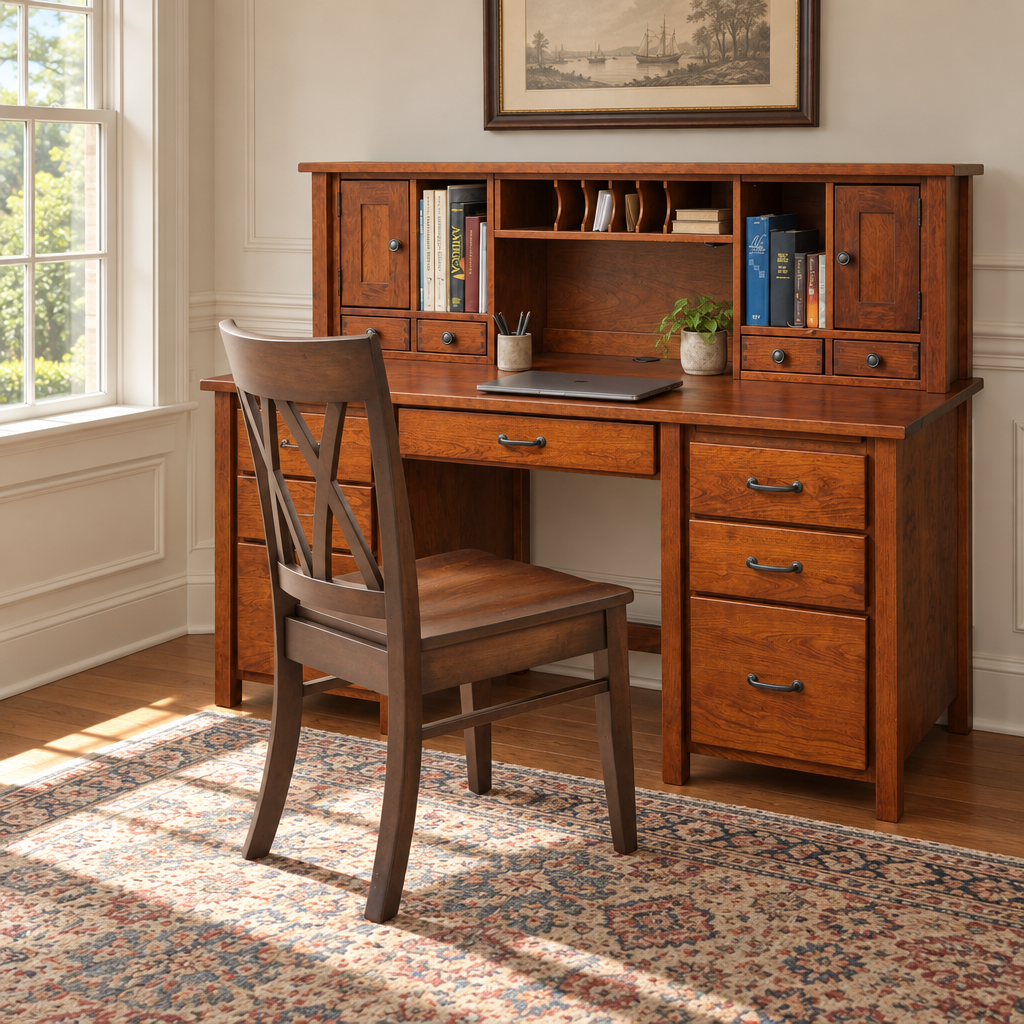 Amish Eshton Double Pedestal Desk with 5086 Hutch shown in the home office of a traditional colonial home