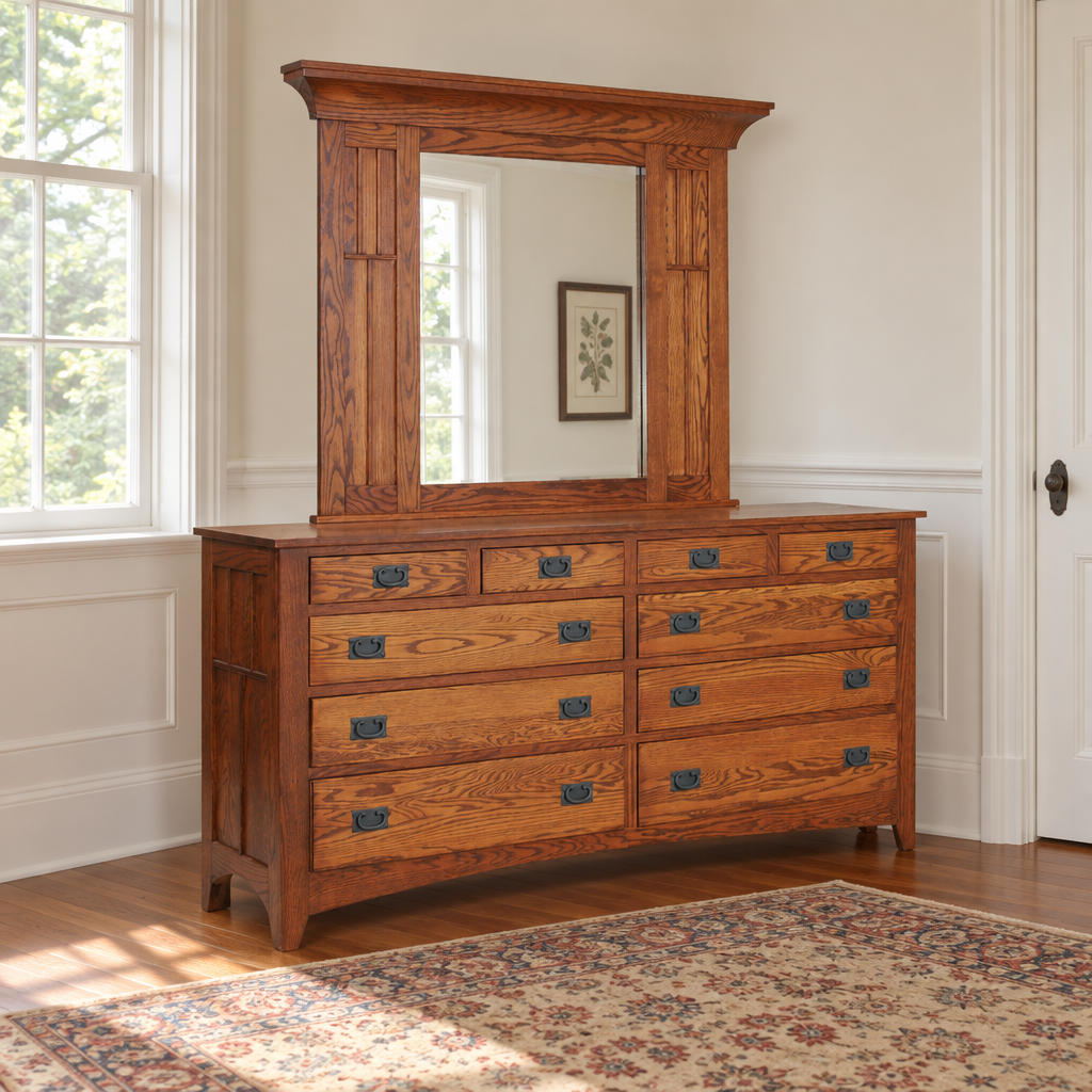 Amish Morris Plains Mission Triple Dresser shown in the bedroom of a traditional colonial home
