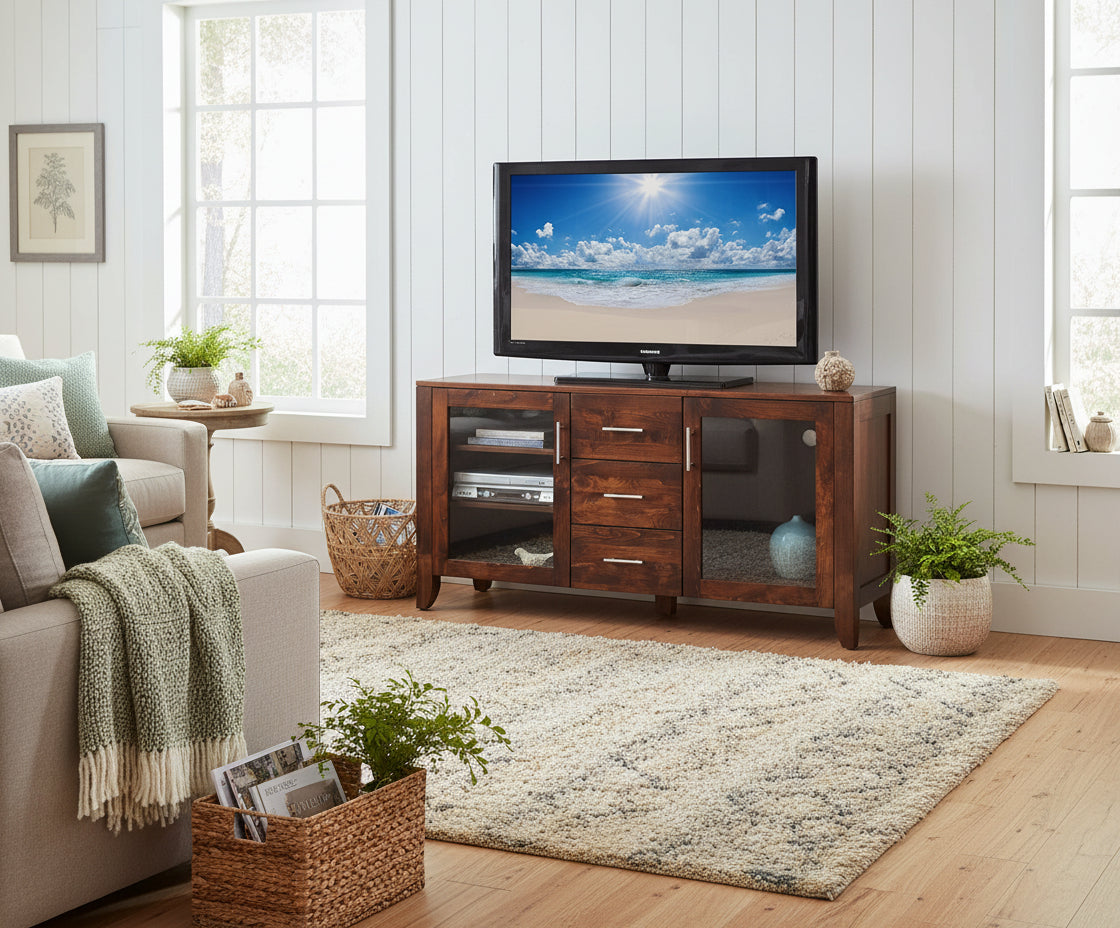 Wooden TV stand with a Samsung TV displaying a beach scene on a white background