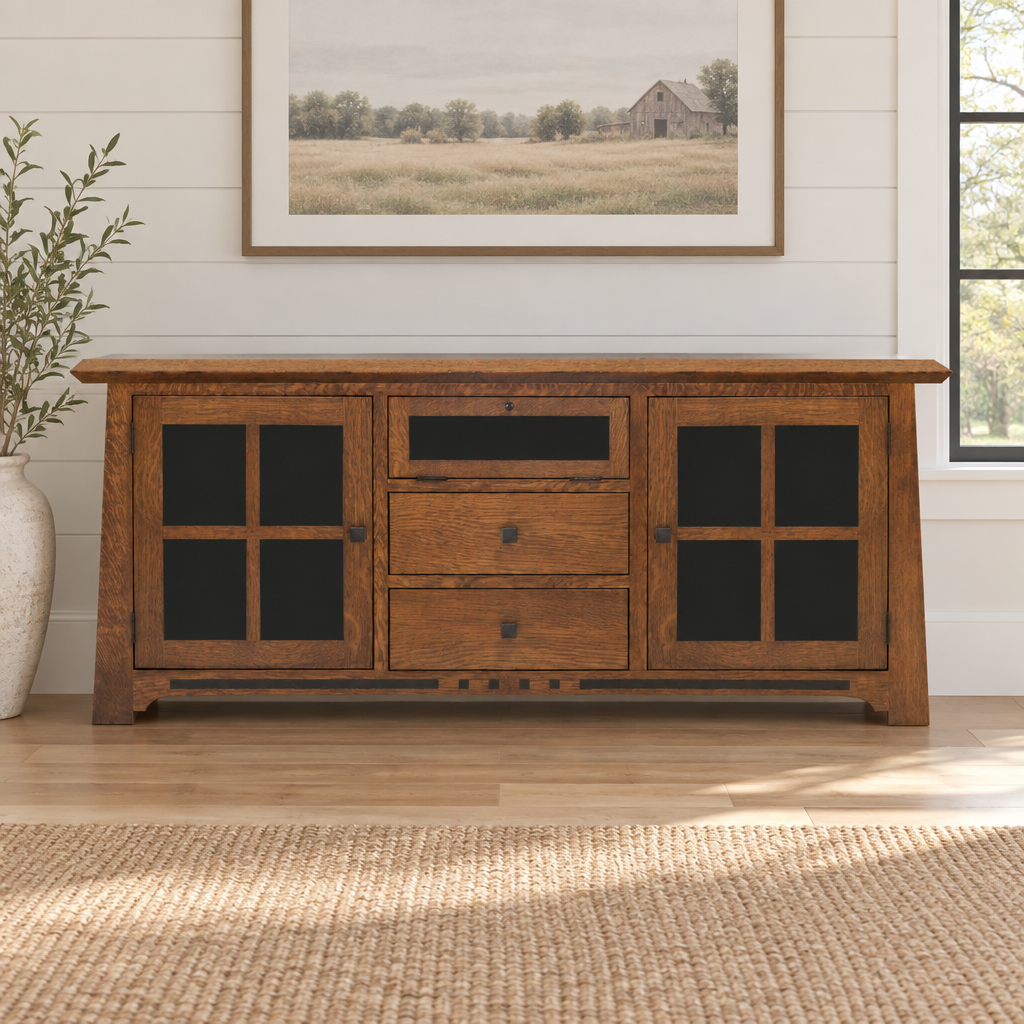 Amish Solid Wood Van Nuys 2-Drawer TV Console shown in the living room of a modern farmhouse home