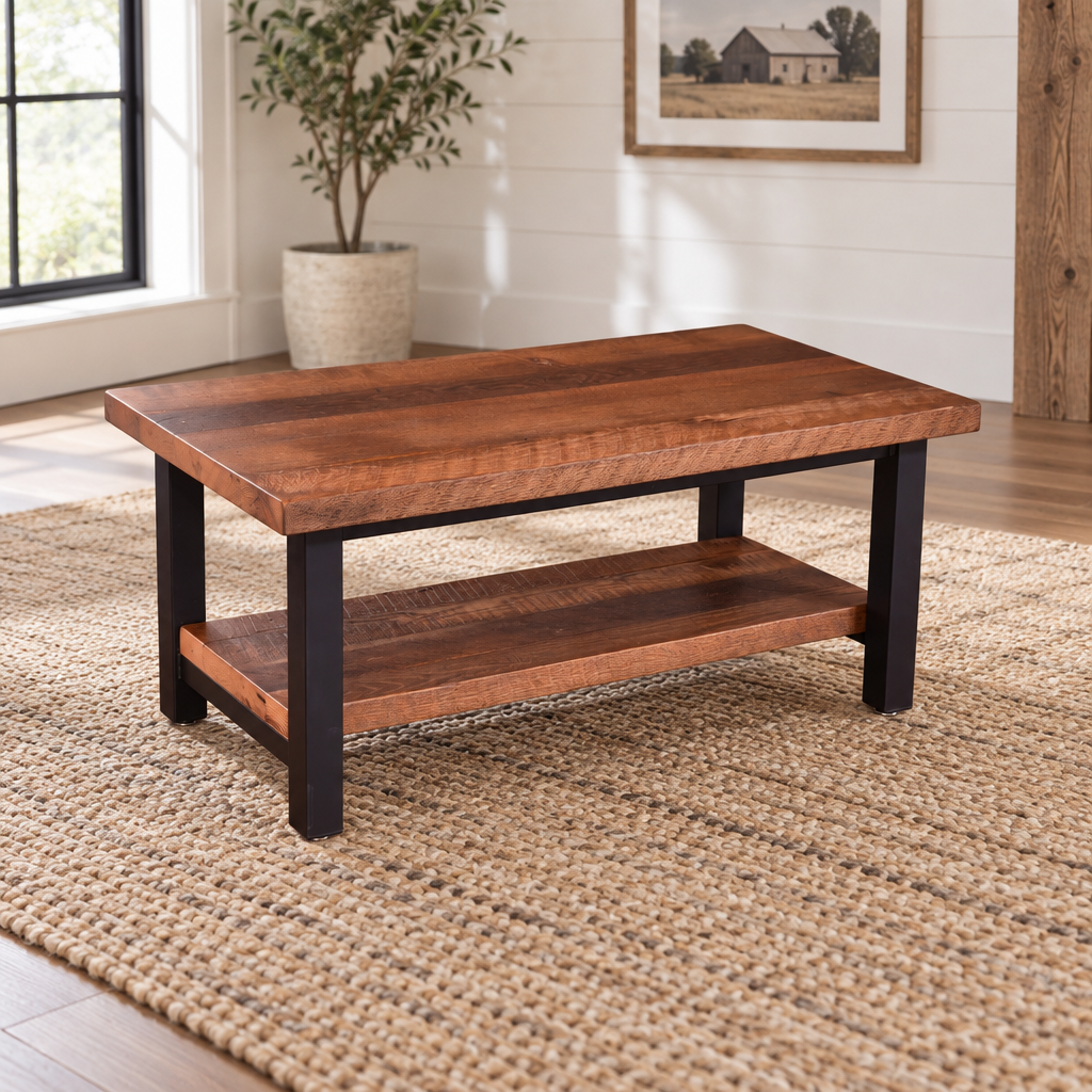 Amish Coronado Reclaimed Wood Coffee Table shown in the living room of a modern farmhouse home