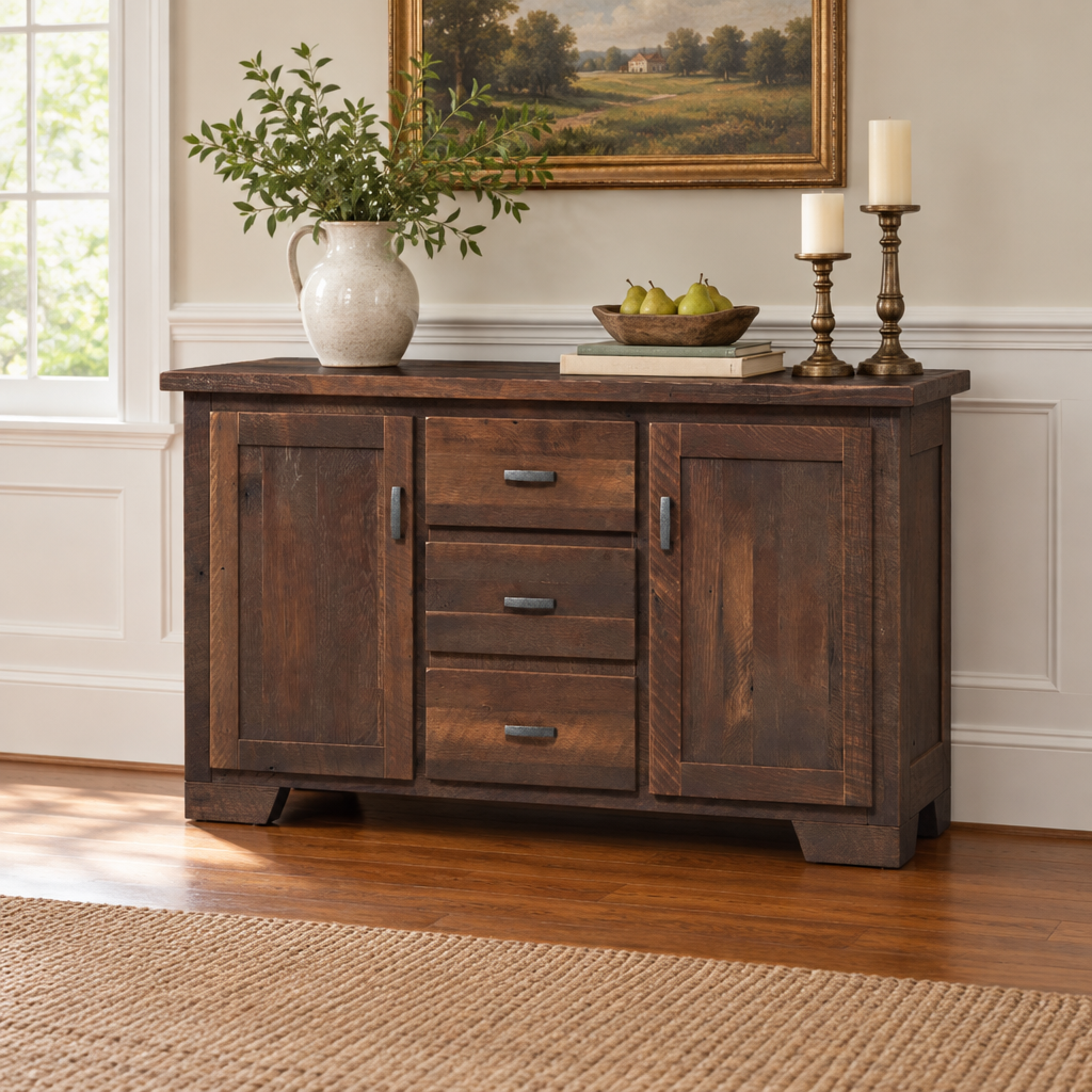 Amish Headington Reclaimed Wood Server shown in the dining room of a traditional colonial home