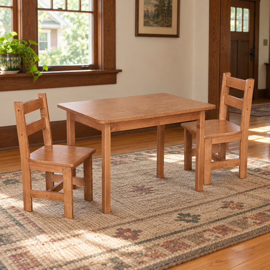 Amish Rectangle Kid's Table Set with 2 Chairs shown in the dining room of a craftsman bungalow home
