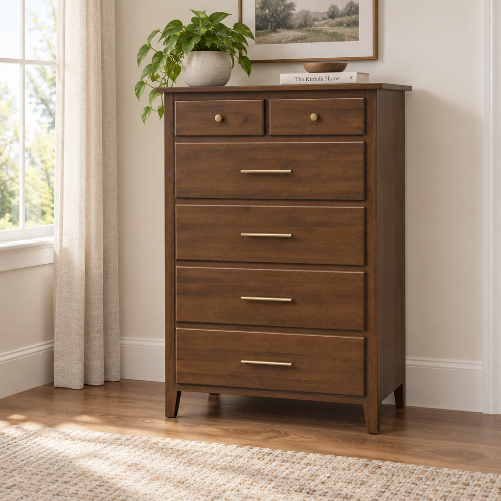 Amish Bel Air 6-Drawer Solid Wood Chest of Drawers shown in the bedroom of a transitional home